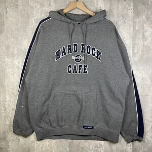Y2K Hard Rock Cafe Mens Grey + Navy Blue Striped Hoodie X-L
